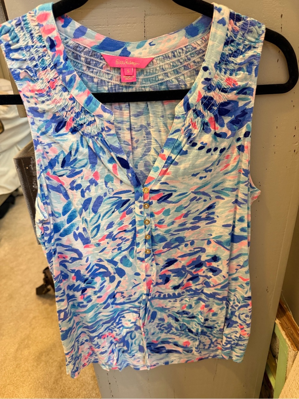 Lilly Pulitzer Blue and Pink Sleeveless Henley Camisole